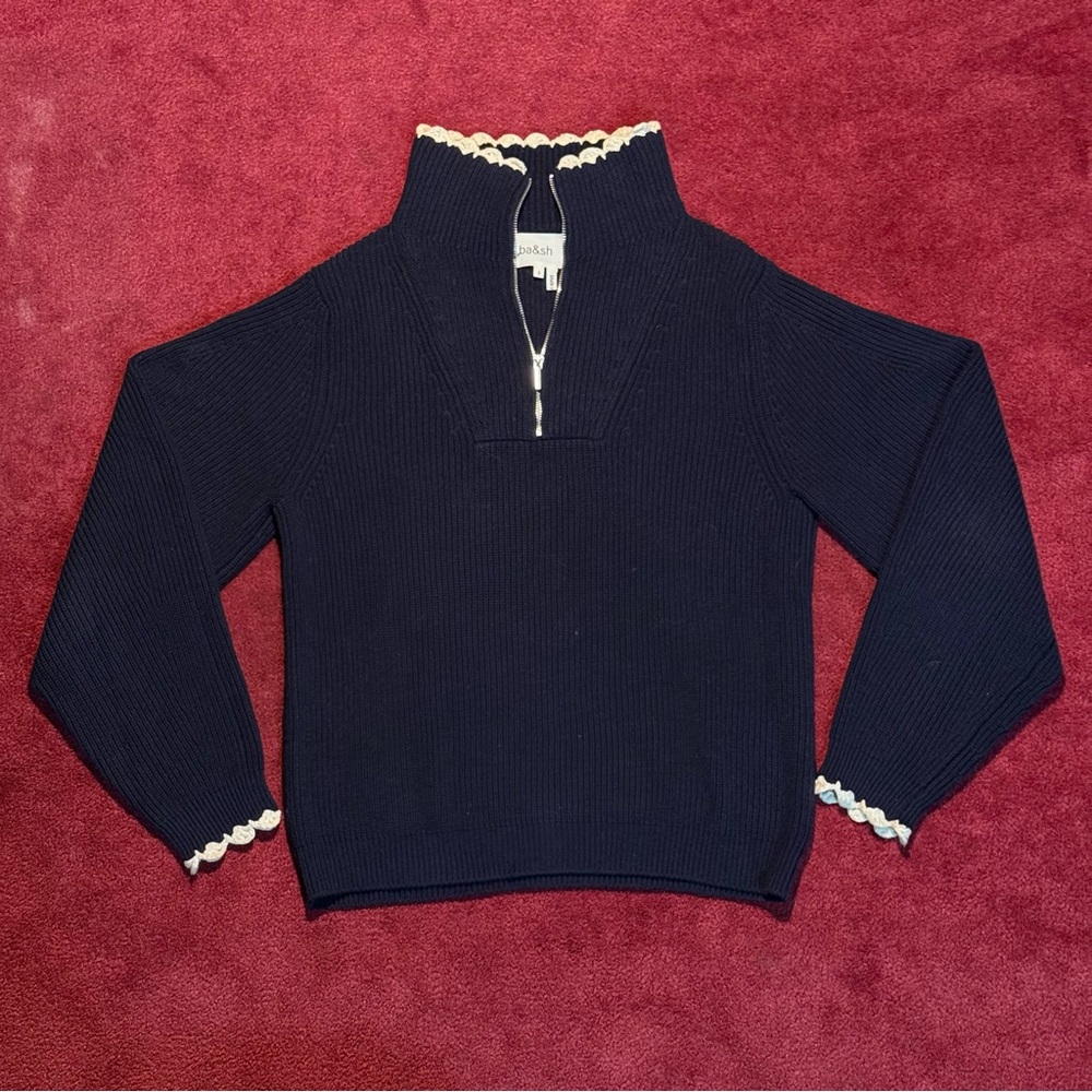 ba&sh Dark Black Blue Turtleneck Sweater with Cream Trim